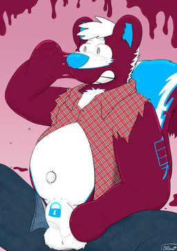 air_valve air_valve_navel anthro balls belly big_belly blush body_hair bottomwear bound bulge bulge_rubbing bursting_out bursting_out_of_clothing chastity_bulge chastity_device clothed clothing expansion fur genitals goo_transformation hair inflation latex latex_clothing latex_skinsuit lock_bulge lock_symbol male null_bulge pants pool_toy pooltoy_transformation simple_background skinsuit smile solo tail tight_clothing torn_clothing transformation underwear wearing_chastity_device white_body white_fur olidre olidre_(olidre) mammal mephitid skunk absurd_res digital_media_(artwork) hi_res