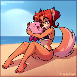 anthro beach bikini black_bikini black_clothing black_swimwear breasts clothing dipstick_ears duo ear_markings eyebrows eyelashes eyewear feet female glasses green_eyes hair male markings multicolored_ears one_eye_closed orange_body outside pink_body red_hair round_glasses sitting swimwear tan_body two-piece_swimsuit psicoyote kirby_(series) nintendo kirby veronica_(psicoyote) canid canine fox mammal waddling_head 2026 absurd_res hi_res