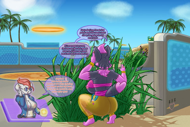 anthro areola areola_slip beach belt big_breasts big_butt black_body black_fur blue_eyes bottomwear breasts butt clothed clothing communicator crop_top crouching cutaway day dialogue duo female fur grass hair hand_on_ear holowear_(pokemon) inner_boob jacket navel neck_tuft outside pants pink_areola pink_body pink_fur pink_hair plant rear_view red_hair shirt solo_focus tall_grass text topwear translucent translucent_bottomwear translucent_clothing translucent_pants tuft wall_(structure) white_body white_fur afc nintendo pokemon pokemon_unite dancer_style_zorua kacy_(cindersticks) space_style_cinderace zabrina_(afc) canid canine cinderace generation_5_pokemon generation_8_pokemon lagomorph mammal pokemon_(species) zorua english_text hi_res