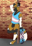 andromorph anthro black_vulva bottomless brick_wall casual_exposure clothed clothing ear_piercing eyebrow_piercing facial_piercing fur genitals green_eyes hair intersex lgbt_pride lip_piercing looking_at_viewer outside piercing pole pride_colors ring_piercing shirt skateboard smile solo tail topwear transgender_pride_colors vehicle vulva wall_(structure) sweetvixsin african_wild_dog canid canine canis mammal absurd_res hi_res trans_(lore) trans_man_(lore)