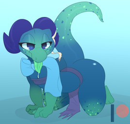 all_fours ambiguous_gender anthro blue_eyes butt clothing horn looking_at_viewer simple_background solo tongue tongue_out backsash kobold reptile scalie 2019 digital_media_(artwork) hi_res