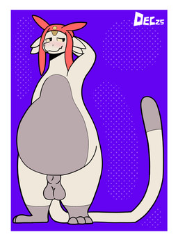 animal_genitalia anthro balls belly big_belly blush border clothing feet genitals hat headgear headgear_only headwear headwear_only male markings mostly_nude overweight overweight_male sheath solo tail tail_markings toes white_border december_dreams space_dandy meow_(space_dandy) betelgeusian felid feline mammal 3:4 absurd_res hi_res