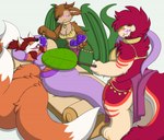 after_transformation anthro blue_eyes breasts brown_body brown_fur careful_what_you_wish_for clothed clothing fanning feeding female food fruit fur gender_transformation glowing glowing_eyes grape green_body group happy harem_outfit horn hypnosis legless lying medium_breasts mind_control misunderstanding monkey_paw mtf_transformation multi_tail open_mouth orange_body orange_fur plant purple_eyes red_body red_fur spiral_eyes tail tan_body tan_fur transformation trio white_body white_fur wings wish_twisting crisstail mythology canid canine canis coyote dragon fox genie hybrid mammal mythological_creature mythological_scalie scalie unidentified_species wish colored sequence