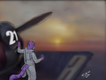 aircraft airplane cat_tail cloud cloudy_sky contemplative flight_suit fur holding_object horizon purple_body purple_fur rear_view sky sunset vehicle world_war_2 sunitai felid feline jaguar mammal pantherine hi_res