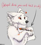 ambiguous_gender antennae_(anatomy) anthro brush chest_tuft confusion fluffy fur holding_brush holding_object mascot paintbrush paws semi-anthro solo standing text tuft white_body white_fur ctahrpoe reddit alien canid canine canis mammal wolf 2021 digital_media_(artwork) english_text hi_res meme