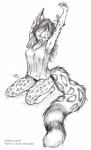 anthro barefoot breasts clothed clothing eyes_closed feet female fur hair markings open_mouth ring_(marking) ringed_tail shirt simple_background sleepwear solo spots spotted_body spotted_fur stretching striped_markings striped_tail stripes tail tail_markings topwear underwear white_background yawn sickeleye kacey_(kacey) felid feline mammal serval snow_serval 2006 black_and_white graphite_(artwork) monochrome traditional_media_(artwork)