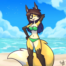 anthro beach bikini clothing cloud female hair one_eye_closed sand sea solo swimwear tongue tongue_out two-piece_swimsuit water wink rafvicalv canid canine mammal hi_res