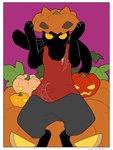 2021 ambiguous_gender anthro black_body clothed clothing domestic_cat felid feline felis hi_res jack-o'-lantern mammal solo tail urushi_(yorozumaru) whiskers yellow_eyes yorozumaru