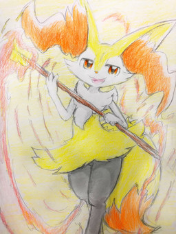 3_fingers ambiguous_gender anthro black_body black_fur cheek_tuft chest_tuft dipstick_tail facial_tuft fingers fire fur holding_object inner_ear_fluff looking_at_viewer markings open_mouth open_smile orange_body orange_eyes orange_fur orange_nose smile solo standing stick tail tail_markings tuft yellow_body eiroru nintendo pokemon braixen canid canine generation_6_pokemon mammal pokemon_(species) 3:4 colored_pencil_(artwork) hi_res traditional_media_(artwork)