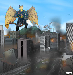 5_fingers abs anthro beak biceps biped brown_body brown_fur building building_destruction city city_background city_destruction cityscape claws clothed clothing destruction feathered_wings feathers finger_claws fingers fire fur gear gun holding_gun holding_object holding_ranged_weapon holding_weapon house landscape_dwarfing macro macro_anthro macro_male male mountain muscular muscular_anthro muscular_male outside paws pecs rampage ranged_weapon shooting shooting_gun sky smile solo tail weapon wings gasmaskfox mythology carpo avian gryphon mythological_avian mythological_creature hi_res