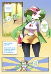big_breasts breasts clothed clothing comic dialogue english_text female gardei_(lucyfercomic) gardevoir generation_3_pokemon hi_res humanoid lucyfercomic nintendo not_furry pokemon pokemon_(species) rosa_(pokemon) solo text