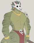 abs anthro biceps bone bottomwear bulge clothing loincloth male mask muscular muscular_anthro muscular_male pecs skull skull_mask solo staff ryandidindoome terraria witch_doctor_(terraria) lihzahrd lizard reptile scalie absurd_res hi_res