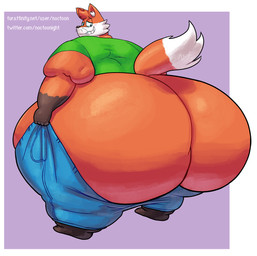 anthro big_butt biped bottom_heavy bottomwear bottomwear_pull butt butt_focus clothed clothing clothing_pull denim denim_bottomwear denim_clothing dipstick_tail dressing exposed_butt fat_arms flabby_arms fur glistening glistening_butt gloves_(marking) grin huge_butt hyper hyper_butt jeans jeans_pull looking_at_butt looking_at_own_butt looking_back looking_back_at_self male markings morbidly_obese morbidly_obese_anthro morbidly_obese_male obese obese_anthro obese_male orange_body orange_fur overweight overweight_anthro overweight_male pants pants_pull partially_clothed purple_background rear_view shirt simple_background smile solo standing struggling_to_fit t-shirt tail tail_markings text topwear undersized_bottomwear undersized_clothing whiskers noctoon rigel_(joeman87766) canid canine fox mammal red_fox true_fox 2020 digital_drawing_(artwork) digital_media_(artwork) full-length_portrait hi_res portrait signature url