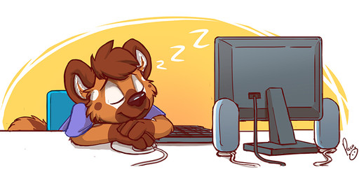 anthro blue_clothing blue_shirt blue_t-shirt blue_topwear brown_body brown_fur brown_hair cheek_tuft clothed clothing computer_keyboard computer_mouse electronics eyes_closed facial_tuft fur hair logo male monitor mouth_closed orange_body orange_fur shirt short_hair simple_background sitting sleeping solo sound_effects speaker t-shirt topwear tuft vowelless vowelless_sound_effect young young_anthro young_male zzz pandapaco hyena mammal artist_logo signature