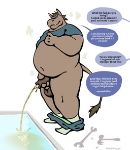 angry annoyed anthro balls belly big_belly bodily_fluids bottomwear bottomwear_down brown_body brown_hair casual_urination clothed clothing footwear foreskin genital_fluids genitals hair hammer holding_own_penis holding_penis male male_peeing musk navel pants pants_down partially_clothed peeing peeing_into_pool penis poolside profanity public public_nudity public_peeing smile smiling_at_viewer smirk smirking_at_viewer socks solo speech_bubble swimming_pool tail text tools toothy_smile urine urine_stream wrench chunkolilt asinus donkey equid equine horse mammal english_text hi_res