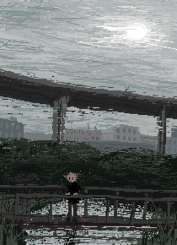 anthro black_clothing black_shirt black_topwear bleak_ambiance bottomwear bridge brown_body brown_bottomwear brown_clothing brown_fur brown_pants clothing detailed_background fur grass grey_sky male outside pants plant shirt sky solo topwear water demensa mammal 2021 digital_media_(artwork) pixel_(artwork)