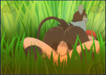 anthro cowgirl_position dominant duo female female_anthro from_front_position grass interspecies male on_bottom on_top outside outside_sex plant pokephilia sex pok-zone nintendo pokemon rei_(pokemon) generation_4_pokemon human luxio mammal pokemon_(species) hi_res