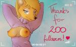 anthro areola blue_eyes breasts cleavage_cutout clothed clothing cutout exposed_breasts female fur hands_behind_head heart_symbol keyhole_turtleneck nipples smile solo sweater topwear turtleneck dunnowhattowrite gulonine mammal marten mustelid musteline