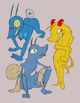 ambiguous_gender anthro areola blep blue_body blue_fur crawling erect_nipples fur gloves_(marking) green_eyes grey_background group horn looking_at_viewer markings nipples nude_anthro pink_areola pink_nipples red_eyes shy simple_background sitting spade_tail standing tail tan_body tan_fur thin_tail tongue tongue_out trio yellow_body yellow_fur hhbrother thang digital_drawing_(artwork) digital_media_(artwork) english_description hi_res