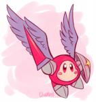 ambiguous_gender armor boots clothing feathered_wings feathers footwear not_furry pink_background red_eyes rosy_cheeks shield shoes simple_background solo white_background wings cilvia_mirell kirby_(series) nintendo galacta_knight waddle_dee lance_(disambiguation) hi_res signature