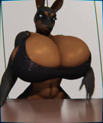 anthro big_breasts black_body breast_drop breasts brown_body cleavage clothed clothing clothing_lift cracks erect_nipples female furniture holding_breast huge_breasts muscular nipples solo table xlkev fair_argument_(meme) shia_(xlkev) canid canine canis dobermann domestic_dog mammal pinscher 3d_(artwork) 3d_animation animated blender_(artwork) digital_media_(artwork) meme no_sound short_playtime webm