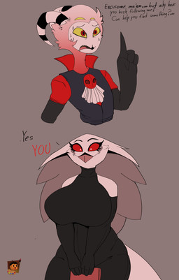 anthro big_breasts black_text bodysuit breasts clothing dialogue duo female formal_clothing formal_wear frown fur hair holding_object holding_wallet long_hair male male/female nervous red_body red_eyes red_fur red_text short_hair simple_background skinsuit slightly_chubby slightly_chubby_anthro slightly_chubby_female smile standing text tight_clothing wallet white_body white_face white_fur white_hair worried yellow_eyes grishnax hellaverse helluva_boss stella_(helluva_boss) anatid anseriform anserine avian avian_demon bird demon owl owl_demon swan absurd_res comic english_text hi_res