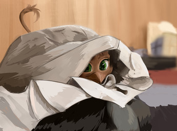 ambiguous_gender beak bedding blanket brown_body brown_fur feral fur green_eyes hair inside looking_at_viewer solo tail young scootiebloom mythology avian gryphon mythological_avian mythological_creature 2015 character_request hi_res