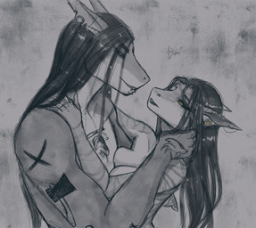 anthro arm_tattoo chest_tattoo duo ear_piercing facial_piercing female hand_on_shoulder hand_tattoo male male/female nose_piercing nose_ring piercing ring_piercing striped_body stripes tattoo throat_grab echovulpine helena_(echovulpine) kazuhira aquatic fish requiem_shark shark tiger_shark hi_res sketch