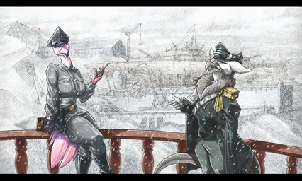 4_fingers 5_fingers aircraft airship amputee beak big_breasts black_bars bottomwear breasts cigarette cigarette_holder clothed clothing crane_(machine) crossed_legs detailed_background disability duo female fingers fur hat headgear headwear long_tail male military missing_arm pink_beak pink_body pink_fur ship skirt snow snowing tail uniform vehicle watercraft white_body ewgengster mythology avian bird flamingo gryphon mythological_avian mythological_creature 2021 absurd_res hi_res letterbox traditional_media_(artwork)