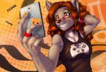 amber_eyes anthro breasts brown_hair brown_nose claws clothing curled_hair electronics eyewear female fur glasses hair holding_object holding_phone phone red_hair ring selfie smile solo tan_body tan_fur teeth text fox-die samsung t-mobile nana_(character) nana_(firetally) canid canine canis mammal wolf english_text