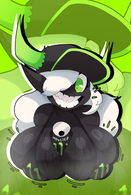 big_breasts bikini bikini_top black_body breasts clothing female green_hair hair hat headgear headwear huge_breasts monster_energy_can monster_energy_logo smile solo swimwear two-piece_swimsuit white_hair crowundeadcat monster_energy monster hi_res