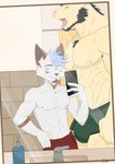 abs anthro armpit_hair athletic bathroom beard big_bulge biped body_hair body_size_growth bottomwear bulge chest_hair clothing duo ear_piercing ear_ring facial_hair fur growth growth_sequence hair kibun male male/male mirror mirror_reflection mirror_selfie muscular muscular_anthro muscular_male nipples open_mouth pecs piercing pubes reflection ring_piercing selfie size_difference size_transformation smile transformation underwear white_body white_fur yawn ekenlis absurd_res colored digital_drawing_(artwork) digital_media_(artwork) flat_colors hi_res