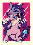 2016 2_toes 4_claws animal_skin anthro blue_eyes claws clothing costume cute_fangs extyrannomon_(artist) fangs featureless_crotch feet female flaaffy front_view fur generation_2_pokemon generation_3_pokemon hannie hide_(disambiguation) looking_at_viewer mightyena nintendo orb pink_body pokemon pokemon_(species) pokemon_costume simple_background solo standing tail tapering_tail teeth thick_tail toes white_body white_fur