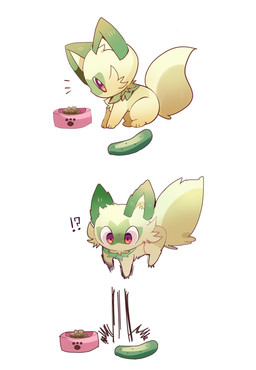 ambiguous_gender bowl cheek_tuft container cucumber facial_tuft feral food fruit fur green_body green_fur green_tail jumping motion_lines nude pet_bowl pet_food plant red_eyes shocked simple_background sitting solo tail tuft white_background yupo_0322 nintendo pokemon generation_9_pokemon pokemon_(species) sprigatito colored colored_sketch digital_drawing_(artwork) digital_media_(artwork) hi_res meme shaded sketch