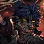 5_fingers black_nose blood blue_hair bodily_fluids eyebrows fingers fur gun hair handgun humanoid_hands inner_ear_fluff pupils ranged_weapon simple_background slit_pupils solo teeth tuft weapon yellow_eyes maaty-s canid canine mammal 1:1