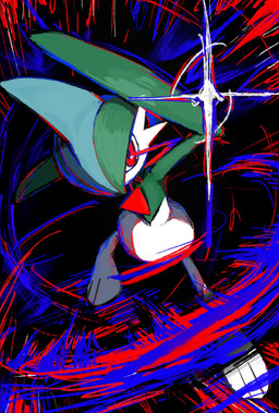 ambiguous_gender biped black_background blue_highlights chest_spike green_body high-angle_view highlights_(coloring) impact_lines not_furry nub_feet pose raised_arm red_eyes red_highlights simple_background solo sparkles spikes spikes_(anatomy) standing white_body t2oc1vpose61236 nintendo pokemon gallade generation_4_pokemon humanoid pokemon_(species) digital_drawing_(artwork) digital_media_(artwork) hi_res japanese_description