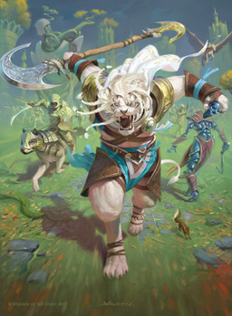 ambiguous_gender angry anthro anthro_focus armor blue_eyes braided_hair cape claws clothing feral fur grass green_armor group hair holding_melee_weapon holding_object holding_shield holding_sword holding_weapon looking_at_viewer male melee_weapon open_mouth pauldron plant riding running shield sword weapon whiskers white_body white_fur white_hair victor_adame_minguez hasbro magic:_the_gathering wizards_of_the_coast ajani_goldmane canid felid human humanoid mammal rodent sciurid tree_squirrel undead 2018 absurd_res hi_res official_art