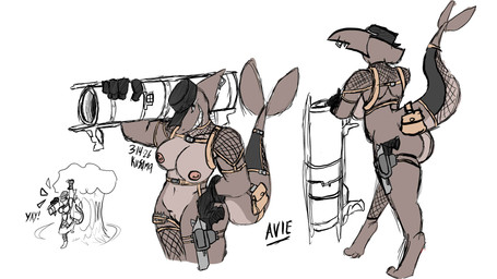 anthro belt bodysuit bondage_gear clothing curvy_figure ear_piercing female fishnet_clothing fishnet_legwear genitals gun hat headgear headwear legwear military military_cap military_clothing nipple_piercing nipples piercing ranged_weapon rocket_launcher sharp_teeth skinsuit solo teeth tight_clothing voluptuous voluptuous_female vulva weapon wide_hips kusama aquatic fish mackerel_shark sand_shark shark 16:9 hi_res widescreen