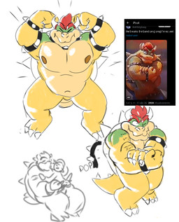 anthro belly eyebrows flexing kissing male muscular muscular_male nipples solo text yellow_body apolonoise mario_bros nintendo super_mario_galaxy apolo_(apolonoise) bowser koopa scalie english_text hi_res