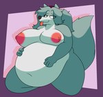 anthro areola belly big_areola big_belly big_breasts big_nipples breasts female fur grey_body grey_fur grey_hair grey_tail hair multicolored_body multicolored_fur navel nipples overweight pink_areola solo tail thick_thighs tongue tongue_out two_tone_body two_tone_fur chip_at_night harriet_(harry_amoros) canid canine canis mammal wolf hi_res