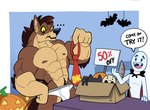 anthro brown_body brown_fur duo fur hair halloween_decoration holidays jack-o'-lantern male male/male muscular muscular_anthro muscular_male necktie cationalfa halloween derris canid canine canis human mammal wolf absurd_res hi_res