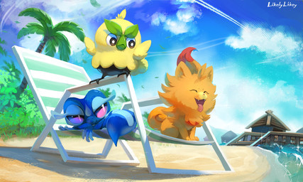 ambiguous_gender beach beach_chair beak blue_body brown_eyes eyelashes eyes_closed fangs feathers feral fur grass green_body green_feathers group open_mouth orange_body orange_fur palm_tree paws plant purple_eyes sea tail teeth tongue tongue_out tree trio water likey nintendo pokemon pokemon_winds_and_waves avian bird browt canid canine gecqua generation_10_pokemon lizard mammal pokemon_(species) pombon reptile scalie 2026 absurd_res hi_res signature