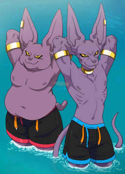 anthro areola armlet belly clothing duo gold_(metal) gold_jewelry hands_behind_head jewelry male male/male navel neck_ring nipples overweight overweight_male purple_body smile swimming_trunks swimwear tail tear_trough water yellow_eyes zimakum dragon_ball dragon_ball_super beerus champa felid feline mammal absurd_res hi_res brother_(lore) brothers_(lore) sibling_(lore)