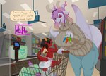 age_regression anthro babbling baby barefoot black_hair blue_bottomwear blue_clothing blue_pants bottomwear claw_toes clothed clothing dialogue diaper diaper_only diaper_package duo eyes_closed feet female full_diaper hair holding_object holding_toy horn in_shopping_cart inside jingling leaning leaning_forward long_ears long_tail looking_at_another membrane_(anatomy) membranous_wings mental_regression open_mouth open_smile orange_eyes pants pink_body pink_eyes pink_hair pink_scales pleased pleased_expression red_body red_scales sagging_diaper scales shopping_cart sitting smile soiled_diaper standing supermarket sweater tail talking_to_another text thick_tail thick_thighs topless topwear toy unclean_diaper used_diaper wearing_diaper wings young wob mythology dragon mythological_creature mythological_scalie scalie absurd_res english_text hi_res