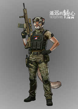 american_flag anthro ar_platform army_helmet assault_rifle boots brown_body brown_fur clothing female fingers footwear fur grey_eyes gun holding_object holding_ranged_weapon holding_weapon ranged_weapon rifle scope shoes standing tail text united_states_of_america weapon amx32 cougar felid feline mammal 2026 chinese_text digital_drawing_(artwork) digital_media_(artwork) english_text hi_res