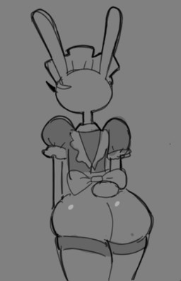 anthro big_butt bottomless bottomless_male butt clothed clothing eyelashes glistening glistening_butt grey_background legwear long_eyelashes maid_headdress maid_uniform male mole_on_butt rear_view simple_background solo thick_thighs thigh_highs uniform rootache glitch_productions the_amazing_digital_circus jax_(tadc) lagomorph leporid mammal rabbit 2025 digital_drawing_(artwork) digital_media_(artwork) monochrome portrait sketch three-quarter_portrait
