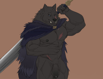 abs anthro big_penis cape cape_only clothed clothing fangs flaccid foreskin fur genitals humanoid_genitalia humanoid_penis male melee_weapon mostly_nude muscular muscular_male nipples partially_clothed partially_clothed_male pecs penis scar solo standing sword teeth weapon seyrmo elden_ring fromsoftware blaidd_(elden_ring) canid canine canis mammal wolf absurd_res hi_res
