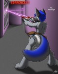 anthro butt canid canine canis catmonkshiro clean_diaper clothed clothing detailed_background diaper english_text exposed_diaper gun gun_holster hi_res laser laser_beam laser_gun male mammal mirror pantsless ranged_weapon reflection shooting solo text topless weapon wolf