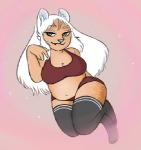 2018 anthro big_breasts breasts clothing female footwear fur hair legwear looking_at_viewer low_res peach_ring slightly_chubby socks solo tan_body tan_fur teal_eyes teal_nose thigh_highs thigh_socks white_body white_fur white_hair