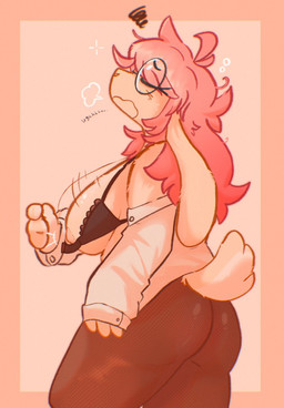 air_puff anthro big_breasts black_clothing black_legwear black_tights bra breasts butt clothing collared_shirt dress_shirt eyewear female fur glasses green_eyes hair legwear long_ears nipples red_hair relieved scut_tail shirt short_tail slightly_chubby solo tail tan_body tan_fur text thick_thighs tights topwear underwear wide_hips bunondemand bailey_(bunondemand) lagomorph leporid mammal rabbit hi_res
